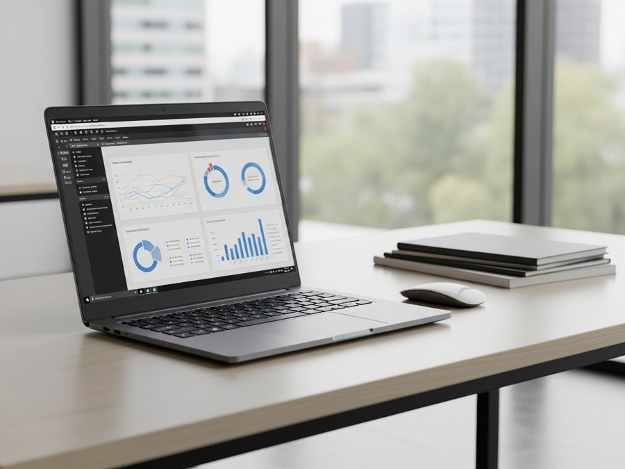 Laptop empresarial en escritorio de oficina moderna